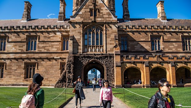 Students at the quadrangle building at the University of Sydney.