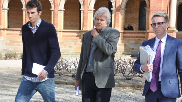 Barbara Eckersley's son, husband and solicitor leave Goulburn Local Court. 