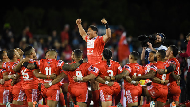 King of Tonga: Jason Taumalolo leads the Sipi Tau against New Zealand at the 2017 World Cup.