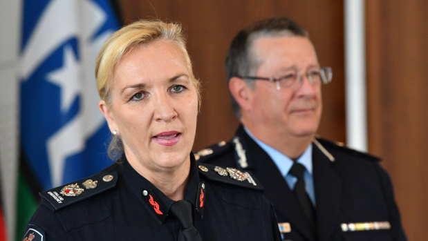 Incoming Queensland Police Commissioner Katarina Carroll (left) is seen with Ian Stewart (right) in April.
