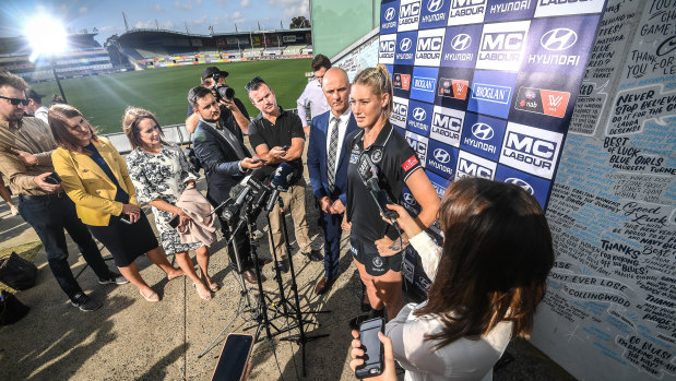 Standing up: Carlton AFLW star Tayla Harris fronts the media in Melbourne on Wednesday afternoon.