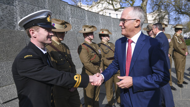 Prime Minister Malcolm Turnbull meets Australian military personnel after a wreath-laying ceremony at the weekend during the London leg of his trip.