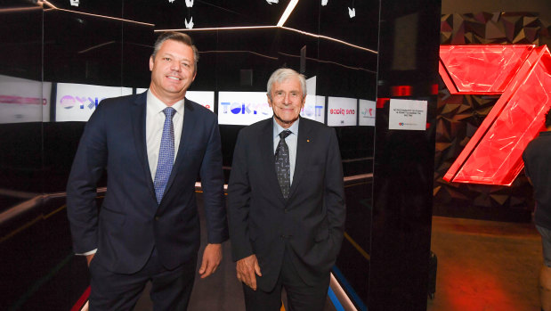 Seven West Media CEO James Warburton, pictured here with chairman Kerry Stokes, has been describing the network as a "hunter" for new deals.