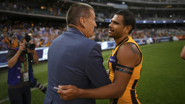 Jeff Kennett and Cyril Rioli in Rioli’s last season of AFL football, in 2018.