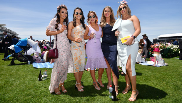 The Doherty sisters, Sarah O’Neill, Eva O’Brien and Andrea Mangan trackside at the Melbourne Cup.
