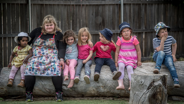 Sharon Champion at Stella Bella Children's Centre in Fyshwick with Oshini Leelarathna, 2; Emma Crafter, 4; Mia Walker, 4; Rose Payton, 3; Maddie Driscoll, 3; and Darcy Payton, 3.