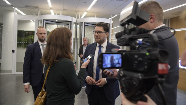 Sweden Democrats party leader Jimmie Åkesson is interviewed in  Stockholm, as results came in.