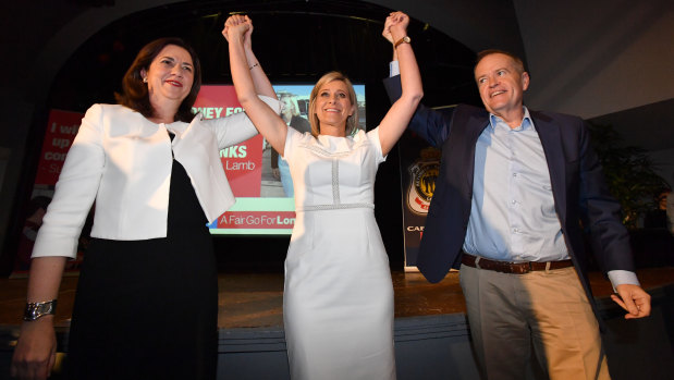 Queensland Premier Annastacia Palaszczuk (left), ALP candidate for Longman Susan Lamb (centre) and Federal Opposition Leader Bill (right) are seen at the launch of the Labor campaign.