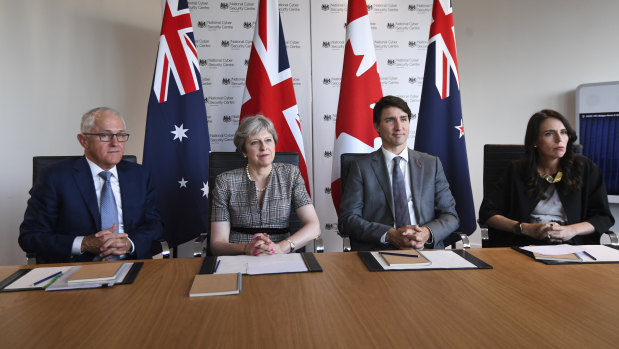 Prime Minister Malcolm Turnbull, British Prime Minister Theresa May, Canadian Prime Minister Justin Trudeau and New Zealand Prime Minister Jacinda Ardern.