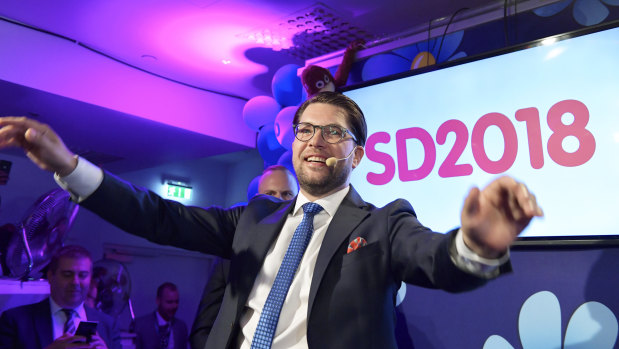 Sweden Democrats party leader Jimmie Åkesson speaks at the election party in  Stockholm, Sweden, on Sunday.
