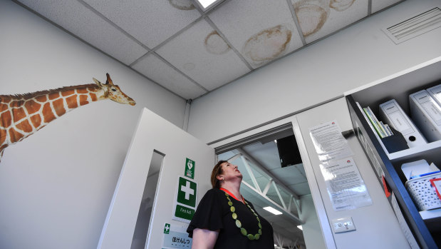 Victoria Lemmer, a parent at Kingswood Primary School, inspects a leaky roof in the first-aid room