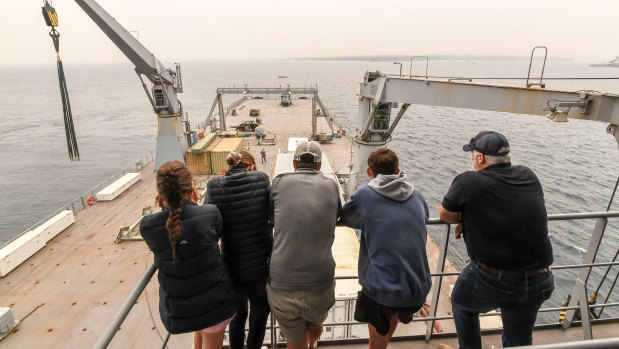 Evacuees from Mallacoota aboard the HMAS Choules.