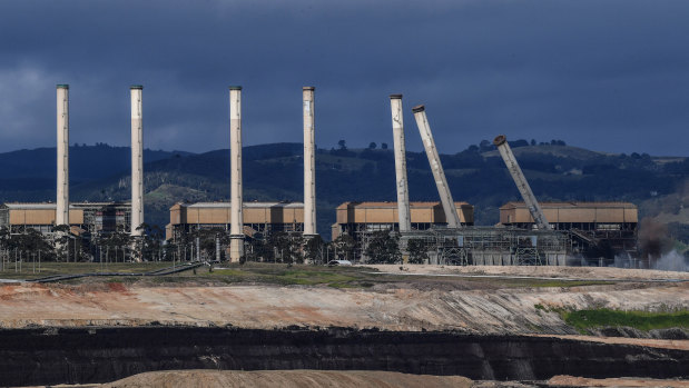 The chimneys of the former Hazelwood Power Station in the LaTrobe Valley, Victoria, were demolished on Monday this week.
