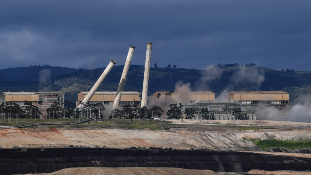 The eight chimneys on the former Hazelwood Power Station are demolished with explosives in May 2020. 