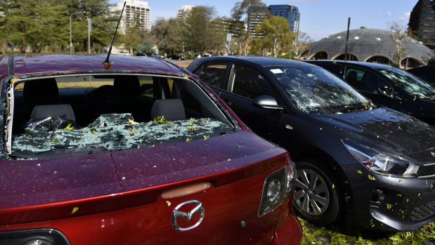 Hail damaged cars in Canberra.