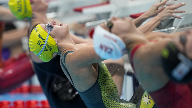 Kaylee McKeown in the semi-finals of the 100 metres backstroke on Monday. 