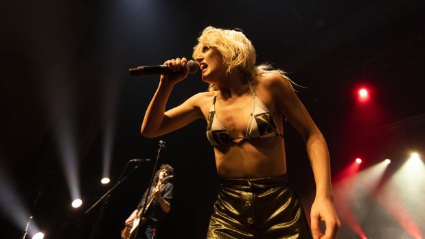 Amy Taylor (and Dec Martens) of Amyl and the Sniffers at the Enmore Theatre on Friday night.