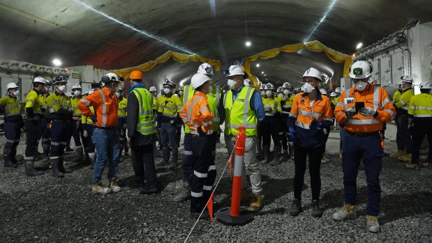 Workers beneath Sydney's inner west in one of the major WestConnex tunnels.