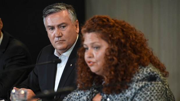 President Eddie McGuire and Collingwood integrity committee member Jodie Sizer on Monday.