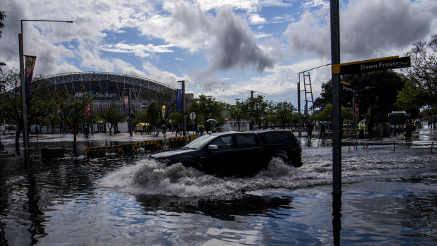 Flooded streets after heavy rain in Homebush on Thursday.