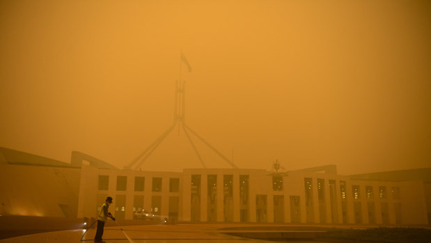 Parliament House in Canberra engulfed in bushfire smoke.