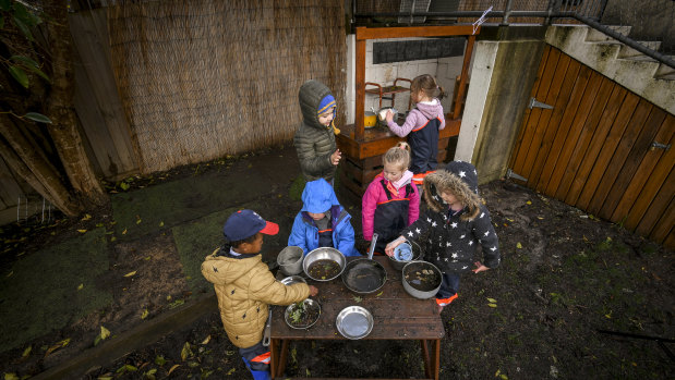 The kids at Diamond Creek Memorial Kindergarten have a mud pit and a mud kitchen where they make potions.