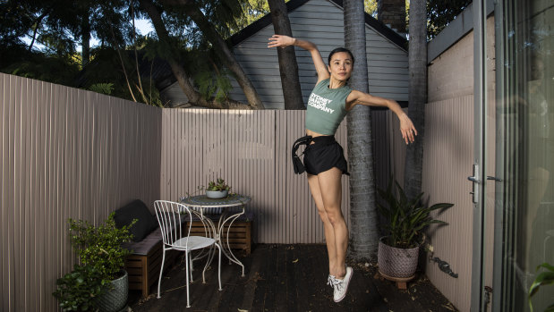 Sydney Dance Company's Charmene Yap makes the best of the available space at her home in Newtown. 