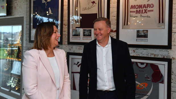 Labor leader Anthony Albanese and Eden Monaro candidate Kristy McBain campaigning in Queanbeyan on Saturday.
