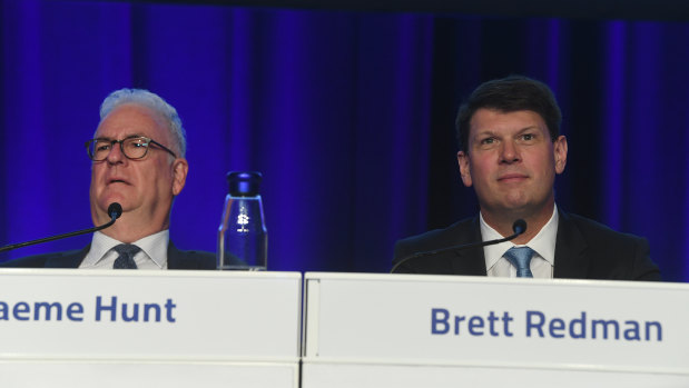 AGL chairman and interim chief executive Graeme Hunt with former chief executive Brett Redman at the 2019 annual general meeting. Mr Redman left the company just two weeks ago. 