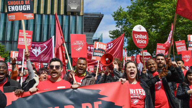 Crown Casino workers protesting wages and conditions. 