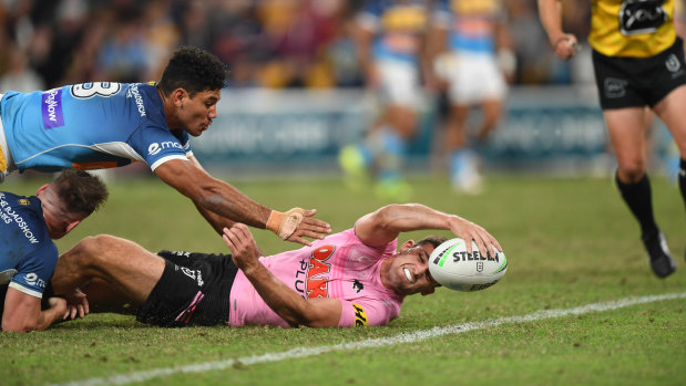 Nathan Cleary could find himself in a spot of bother if het gets himself into a vulnerable position, similar to this try he scored against the Titans during Magic Round this year.