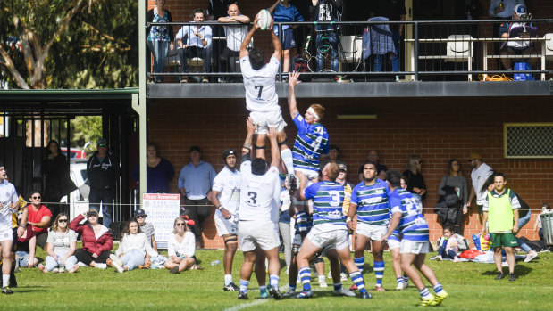 Ryan Jones catches the line out for Queanbeyan.