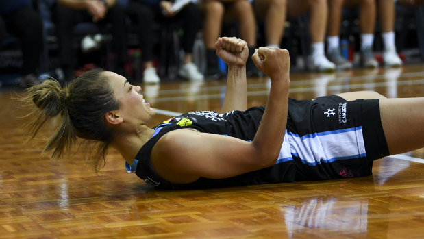 Leilani Mitchell of the Canberra Capitals celebrates during the finals match against Adelaide Lightning.