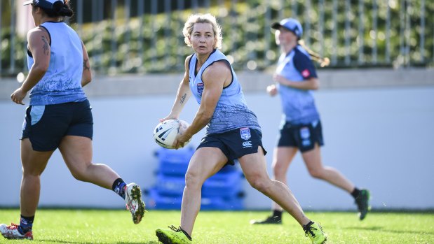 Voice of experience: 43-year-old Kylie Hilder, nicknamed 'Nonna' by her teammates, trains with the Blues this week.