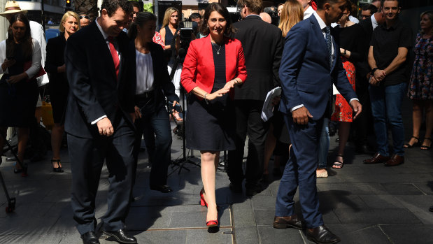 Premier Berejiklian wearing red shoes in March. This week red shoes had new meaning but  the Premier's choice to wear them in  Parliament on Tuesday may have been coincidence rather than a  political comment.