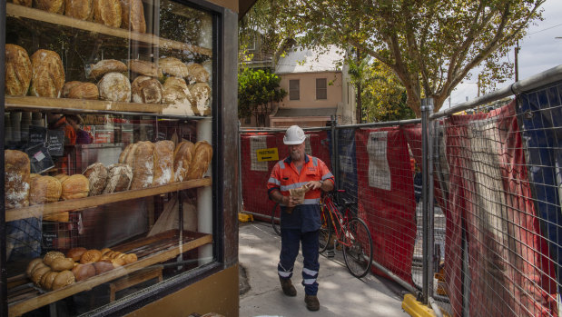 Noise curtains just over a metre away from the well-known Bourke Street Bakery in Surry Hills.