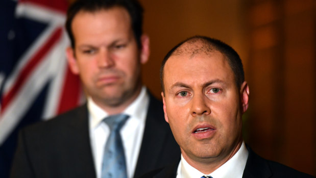 Minister for Resources Matt Canavan and Minister for Energy Josh Frydenberg at a press conference after the meeting.