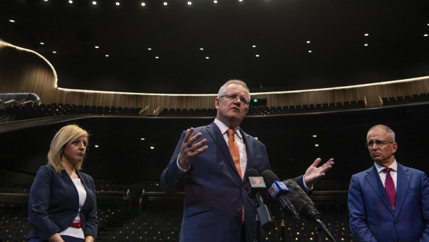 Prime Minister Scott Morrison and Arts Minister Paul Fletcher at Sydney Coliseum Theatre, Rooty Hill RSL.