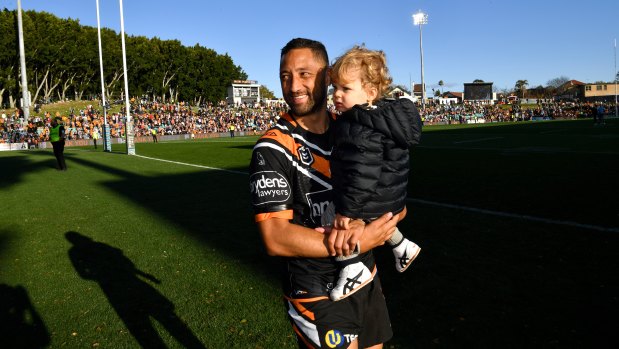 Benji Marshall with son Fox at his beloved Leichhardt Oval last year.
