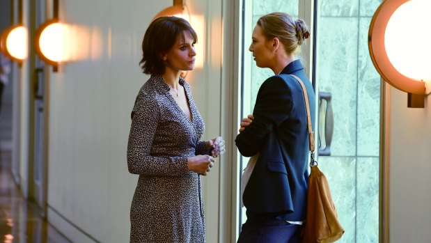 Danielle Cormack as Karen Koutoufides and Anna Torv as Harriet Dunkley in a scene at Parliament House.