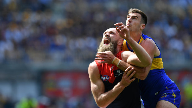Scott Lycett and Max Gawn do battle in the ruck.