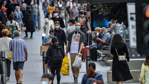 Shoppers return to Bourke Street Mall after Melbourne's second COVID lockdown.