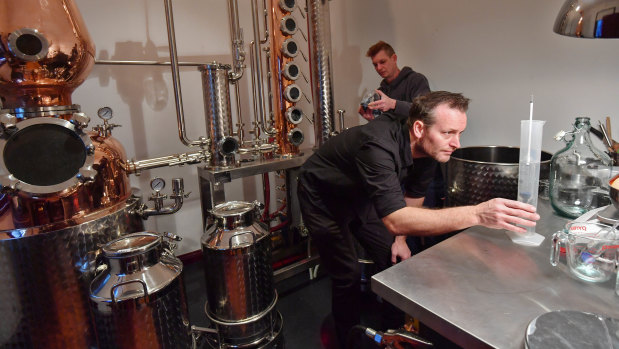 Brothers Brad and Jarrod Wilson make gin for Little Lon Distilling Co at the heritage-listed 17 Casselden Place, built in 1877.