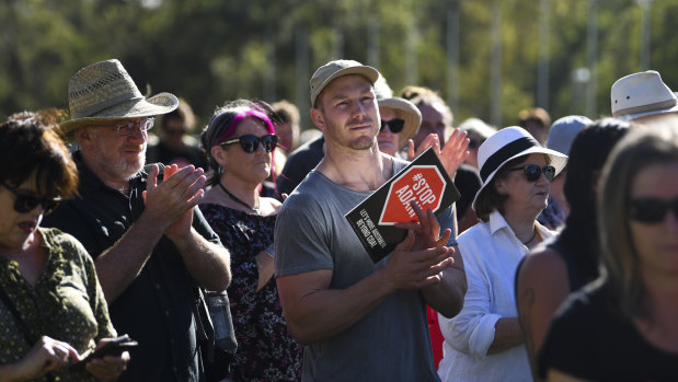 Australian Rugby Union player David Pocock attends a Stop Adani protest outside Parliament House last Tuesday. 