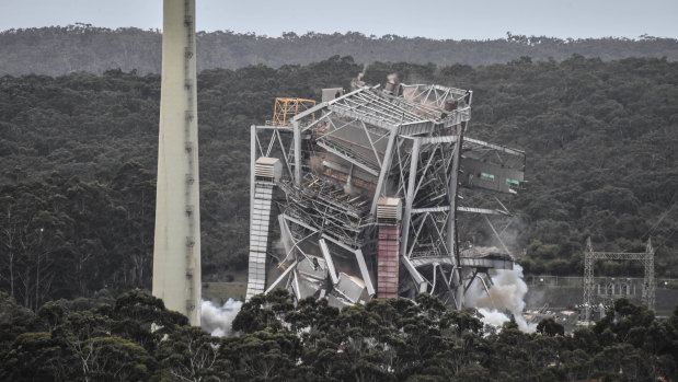 Going: Explosives are detonated at the former Alcoa Anglesea power station.