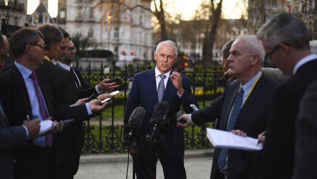  Prime Minister Malcolm Turnbull speaks to the media during a press conference in London.