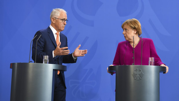 Australian Prime Minister Malcolm Turnbull and German Chancellor Angela Merkel make a statement ahead of a bilateral meeting on trade.