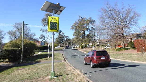 The smiley-faced speed detection sign on Stonehaven Crescent, Deakin, which has a 50km/h speed limit.