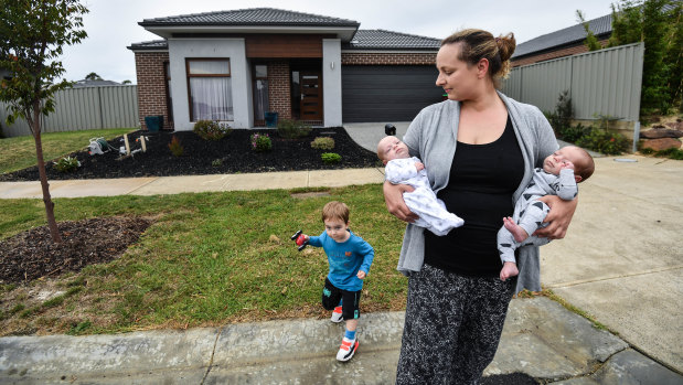 Cranbourne East resident Emma Gainsford with her kids David, 2, and twins Mia and Joshua (on right), three months.