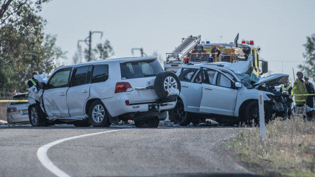 The scene of a double fatality on the Barton Highway at Wallaroo. 
